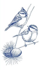 Delicate illustration of two birds sitting on a frosty twig.