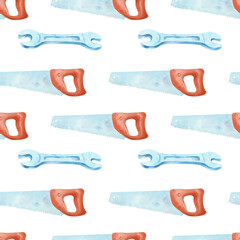 Seamless watercolor pattern with hand painted woodworking tools, handsaw. Repeating carpentry tools background, ideal for packaging, textile design, wrapping paper, stationery, branding and DIY.