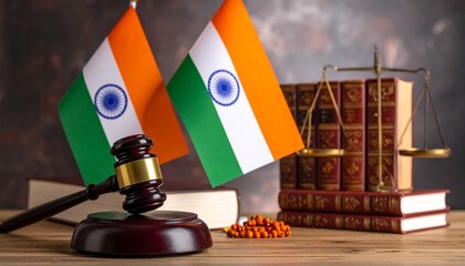 Indian flag with gavel, justice scales, and constitution book foreground.