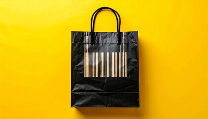 Black shopping bag with barcode design on bright yellow background symbolizing retail and consumer culture.