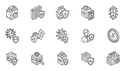 A collection of isometric black-and-white icons illustrating protection and prevention concepts, featuring various objects and symbols