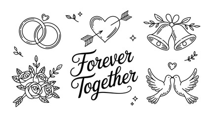 Romantic wedding symbols and Forever Together text