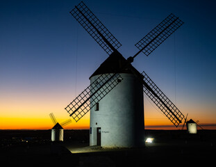 Windmills of Mota del Cuervo at blue hour twilight