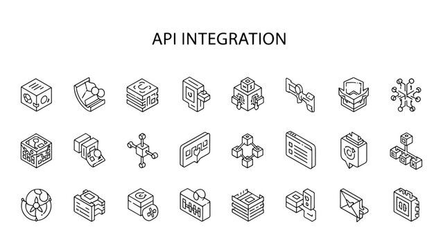 A collection of isometric black-and-white icon illustrations featuring various abstract shapes and digital concepts for design