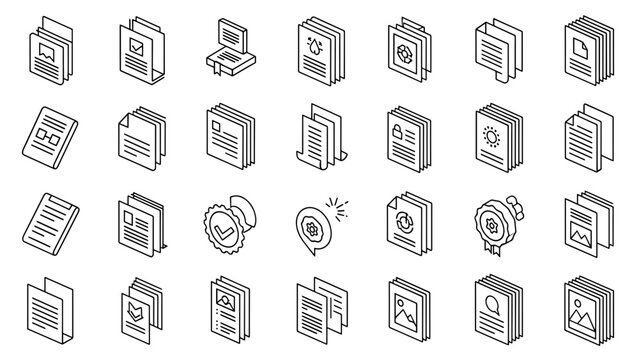 A collection of isometric black-and-white line-art illustrations, mostly depicting documents, papers, and files, with various symbols and design elements