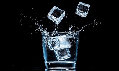 Clear glass with water and ice cubes splashing against a black background studio shot