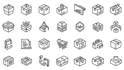 A collection of line-drawn icons representing various boxes, packages, and related elements. Designs vary in style, depicting different concepts