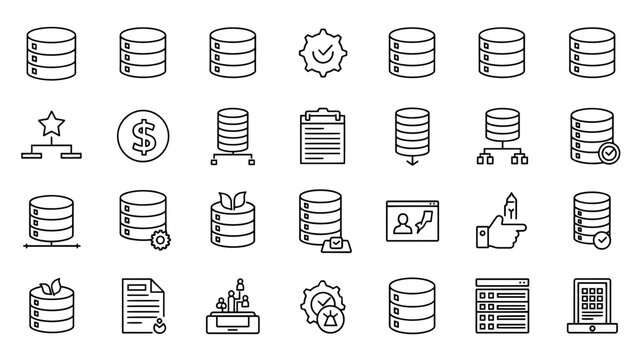 A collection of line-drawn icons, showcasing various cylindrical data storage and related symbols. Includes gears, graphs, checklists, and more