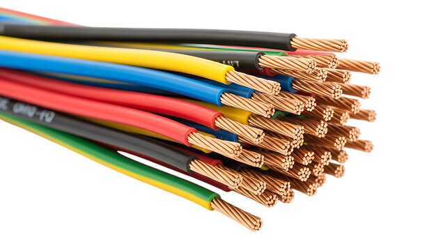 A bundle of multicolored electrical wires with exposed copper ends isolated on transparent background