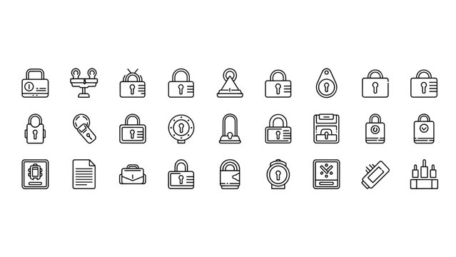 A collection of line art icons representing various security-related items, including locks, keys, and access devices