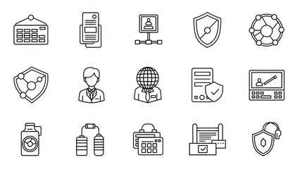 A collection of minimalist black and white icons. Includes a calendar, file, network icon, shield, and a person. Other icons too