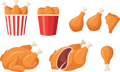 Vector Illustration Set of Crispy Fried Chicken Buckets and Roasted Whole Chicken © Firoz