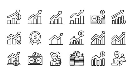 A collection of line icons depicting financial concepts. Various graphs with arrows, money symbols, banknotes, and people holding phones. A set of financial elements