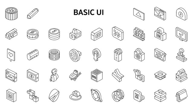 A collection of isometric UI elements, rendered in a simple black and white line style. Features a variety of shapes and objects, common in design