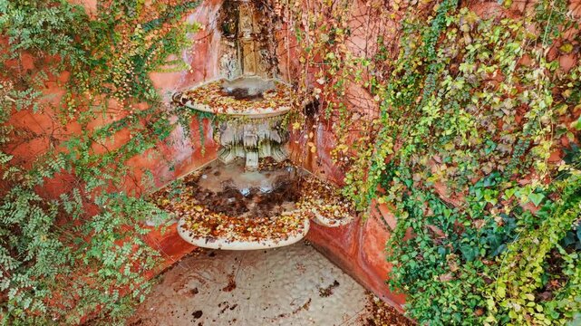 Weathered stone Renaissance-style fountain with a textured wall with overhanging ivy and fallen leaves in Seville, Andalusia, Spain