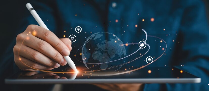 Business and Digital transformation concept.Using digital tablet with big data and networking, internet global network connection, Data science, futuristic, innovative, Abstract technology background - Powered by Adobe