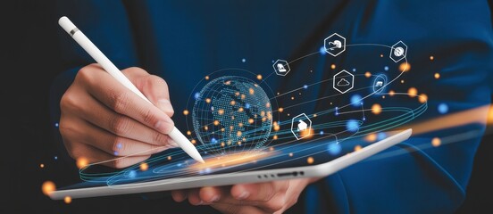 Business and Digital transformation concept.Using digital tablet with big data and networking, internet global network connection, Data science, futuristic, innovative, Abstract technology background