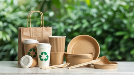 Eco friendly paper tableware and packaging made from biodegradable materials. zero waste and recycling concept. Green package or disposable for sustainable environmental and environmental protection