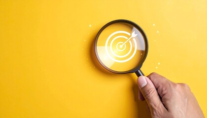 Hand holding magnifying glass revealing white bullseye target with arrow on bright yellow background and sunlight beams.