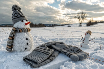 A snowman in a scarf against the backdrop of winter nature
