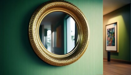 Closeup view of large circular gold mirror mounted on vibrant green striped wall