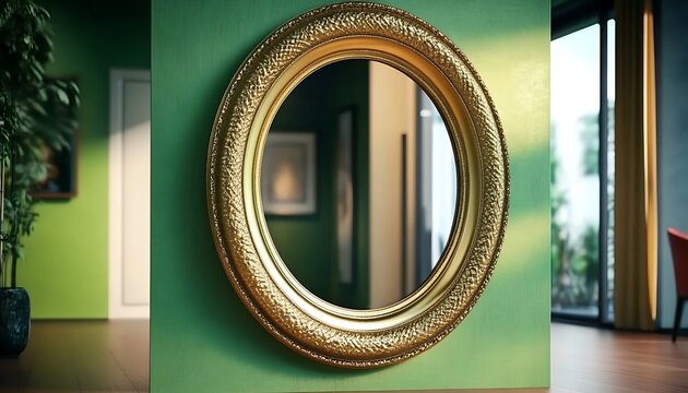 Ornate gold framed round mirror hanging on a textured green wall indoors - Powered by Adobe