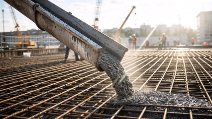 Pouring concrete from a mixer truck chute onto a steel rebar grid. Foundation casting process at an industrial construction site with workers in the background