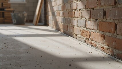 Unfinished room interior with exposed red brick wall and concrete floor. Sunlight and shadows on dusty surface during renovation. Construction site background