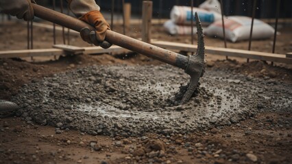 Construction worker mixing wet concrete with a hoe. Close up of builder hands in gloves preparing cement foundation on site