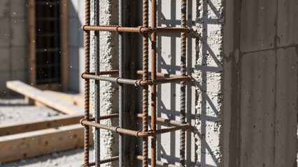 Close-up of rusty rebar reinforcement cage on a concrete column. Construction site with steel bars and cement wall. Industrial building foundation concept