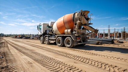A cement mixer truck on a dirt road at a large construction site. Industrial vehicle delivering concrete for a new building project