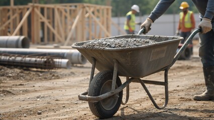 A construction worker moves gravel with a wheelbarrow on a job site. Manual labor for building a new home foundation
