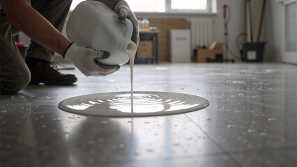 Construction worker pouring a white self-leveling compound on the floor. Close-up of applying epoxy primer during a home renovation project