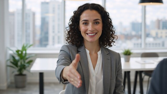 Smiling businesswoman extending her hand for a handshake in a modern office. Professional recruiter welcoming a candidate at a job interview. Business agreement and partnership concept