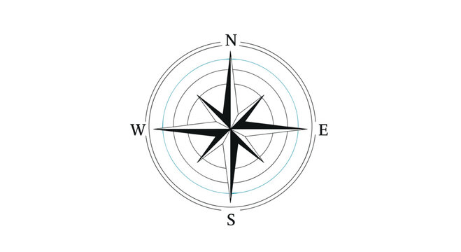 Classic nautical compass rose design indicates cardinal directions of north south east and west for navigation travel and adventure concepts.