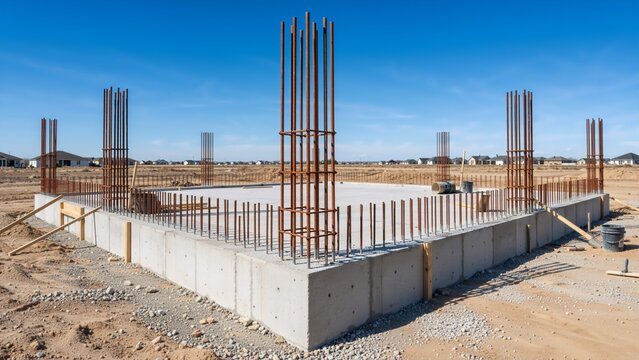 Construction site featuring a concrete foundation with vertical steel rebar columns. New residential building project in a suburban development under a blue sky. Copy space