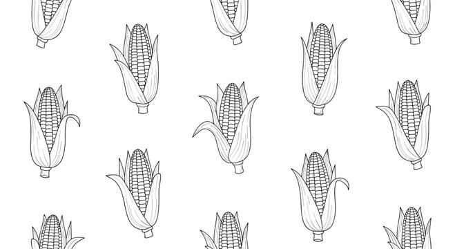 Seamless background pattern of hand-drawn black and white corn on the cob with husks in a vintage engraved style for food and farm themes.