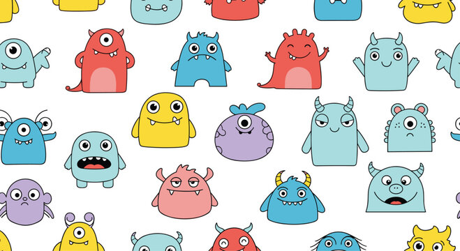 Cute and quirky seamless pattern of various colorful little monsters with different eyes horns and funny expressions on a white background. - Powered by Adobe
