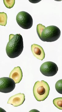Fallende Avocados &ndash; Dynamischer Freisteller f&uuml;r Compositing auf wei&szlig;em Hintergrund