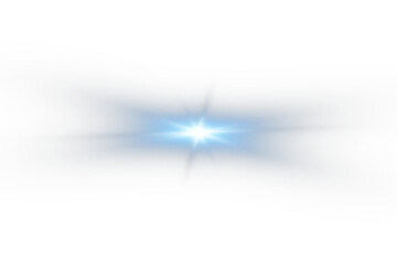 Blue star radiates glowing light. PNG. Floating dust, tiny stars, and glowing sparks swirl around it. Shimmering beams and sparkling particles extend outward.