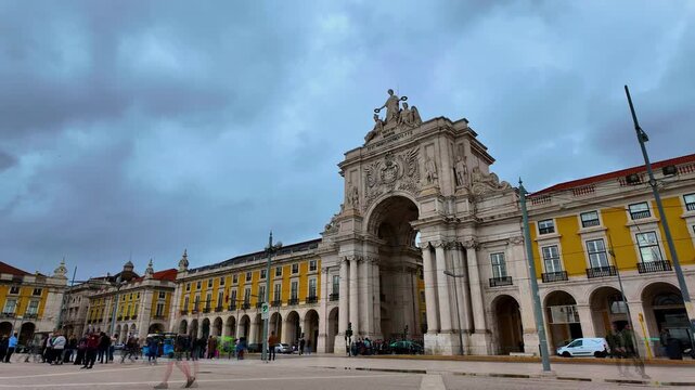 Side perspective of the grand arch in Lisbon city center.