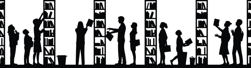 Black-and-white silhouette illustration of people interacting with bookshelves in a library, highlighting reading, learning, and knowledge sharing in an educational setting.