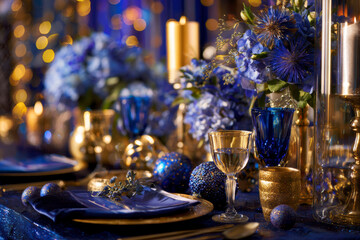 Fototapeta premium Blue Gold New Year Glamour Table – AI Generative