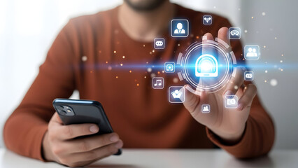 Man interacting with futuristic digital interface on smartphone