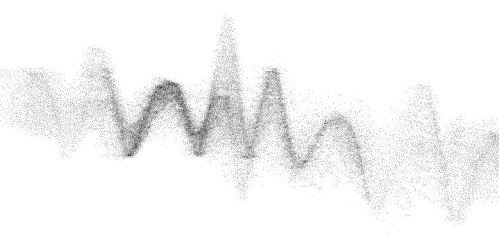 Speckled soundwave shape, granular dust field with rhythmic rise and fall. Clean abstract backdrop for branding, data visuals, tattoo concepts, vector illustration.