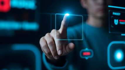 A person interacting with a futuristic digital interface with glowing blue lines and buttons