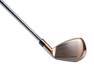 A close-up illustration of a metallic golf club against a stark black backdrop