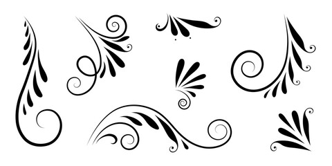 Fototapeta premium A set of vector filigree flourishes for design. A collection of decorative elements, ornaments, curls. Calligraphy decoration.