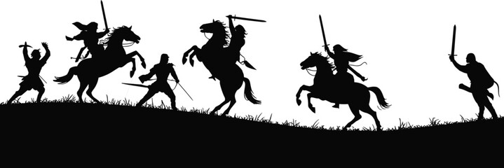Epic Medieval Battle Silhouettes with Warriors and Horsemen Fighting with Swords, Ancient Warfare Combat Scene, Historical Action Vector Illustration on White Background