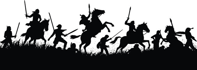 Black and white silhouette illustration of a dramatic battlefield scene with warriors on horseback and foot engaged in intense combat.
